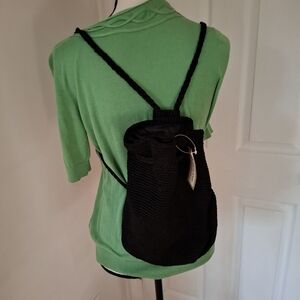 NWT Crochet Backpack Bag Black Tassel Drawstring Bucket Hobo Retro Y2K Boho